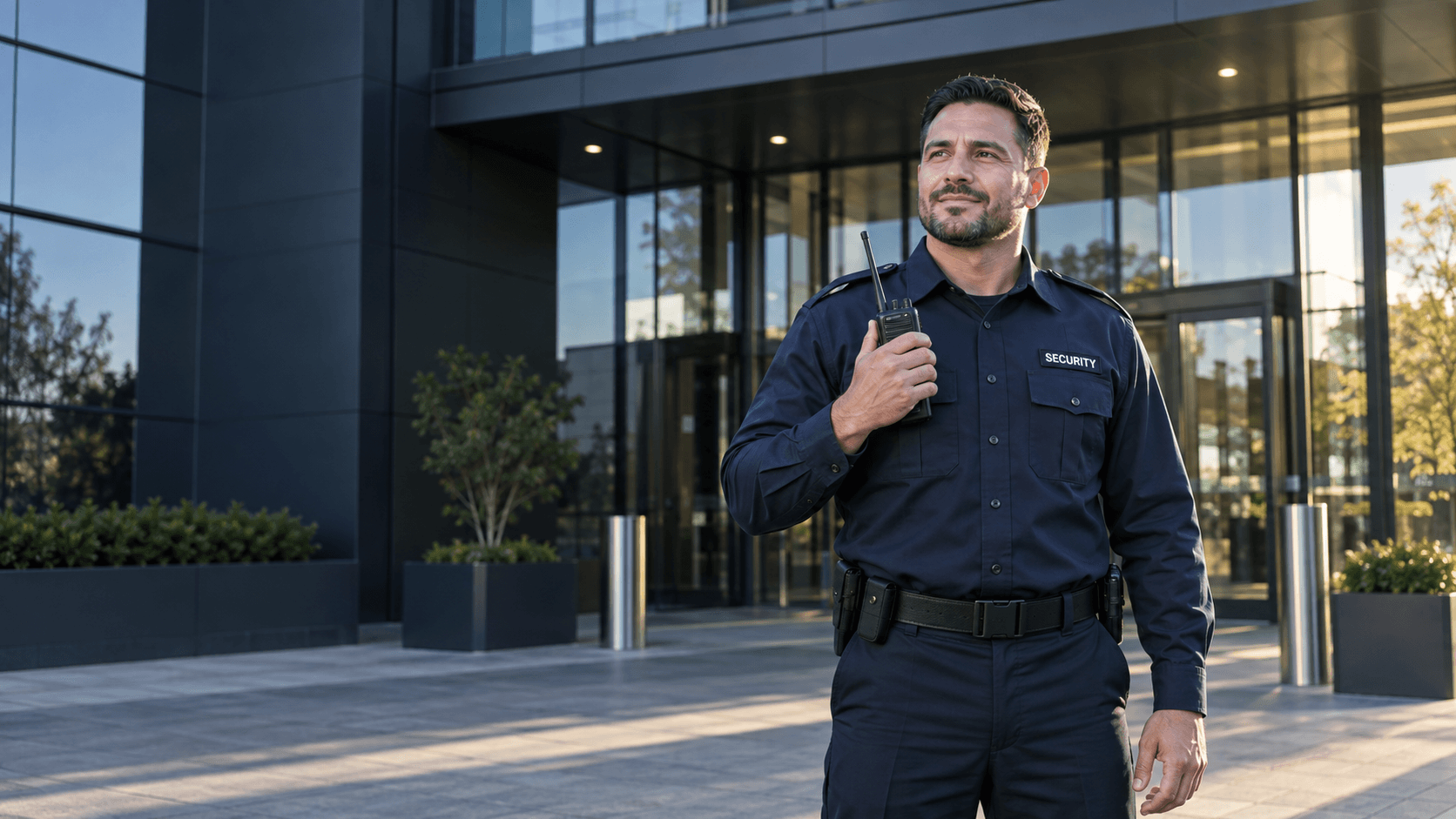 Illustrative security officer in a navy uniform holding a radio